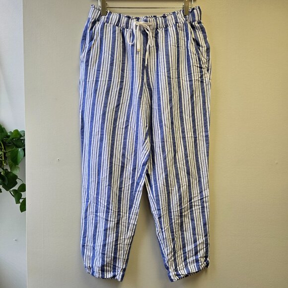 Linen Blend Pull On Striped Beachy Coastal Grandma Lounge Vacation Summer White - Picture 1 of 10